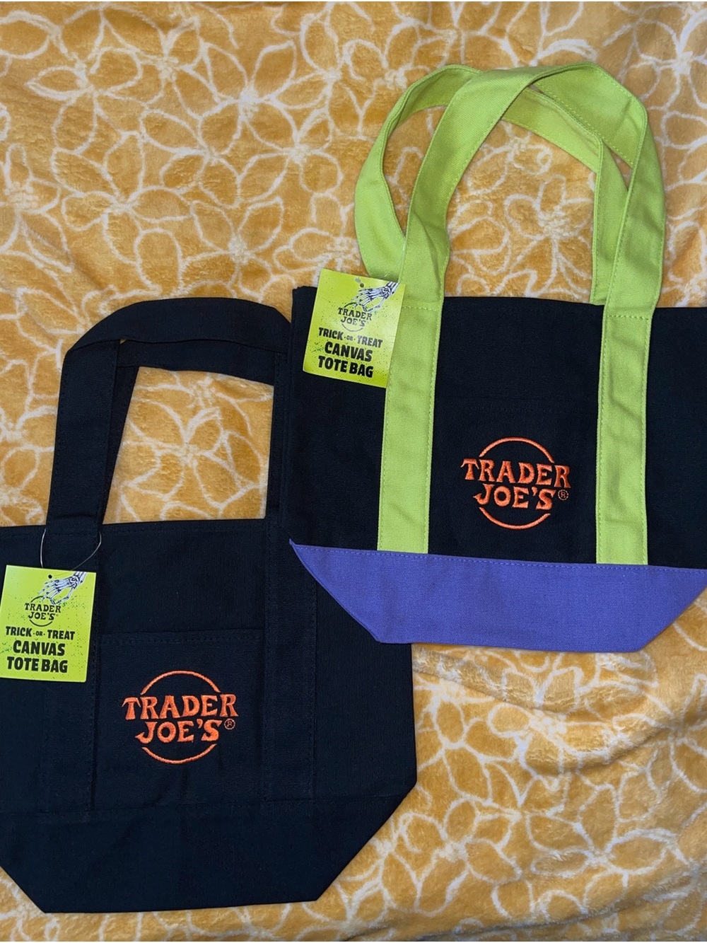 Trader Joe’s Black Canvas Tote Bag with Lime Handles and Purple Accent